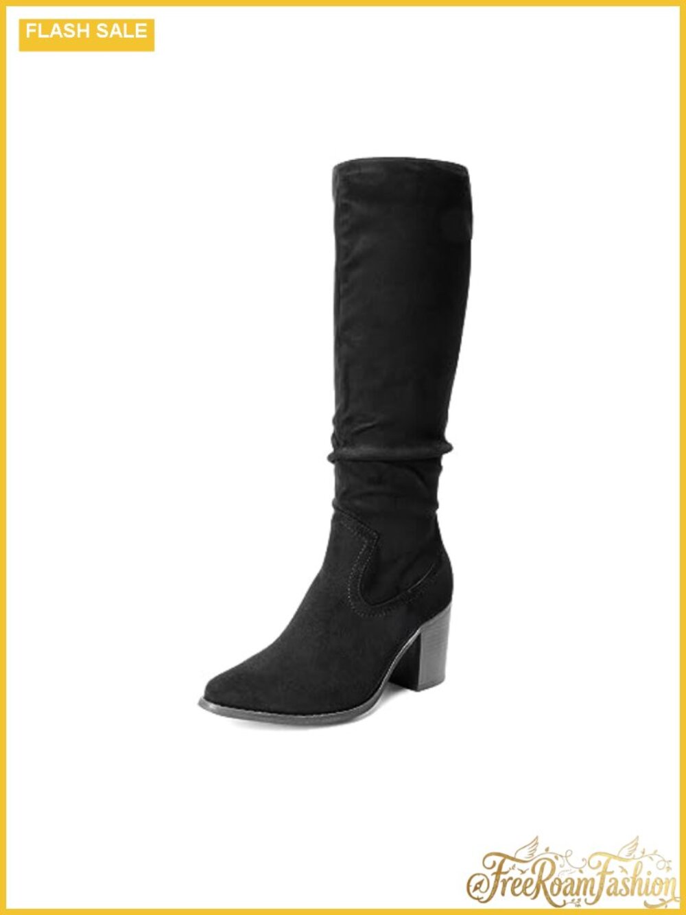 Women's Slouchy Knee-High Chunky Heel Boots Faux Suede Pointed Toe